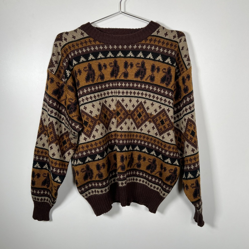Vintage Brown Fair Isle‎ Sweater Jonathan Bryan Geometric Knit Large Coogi Style